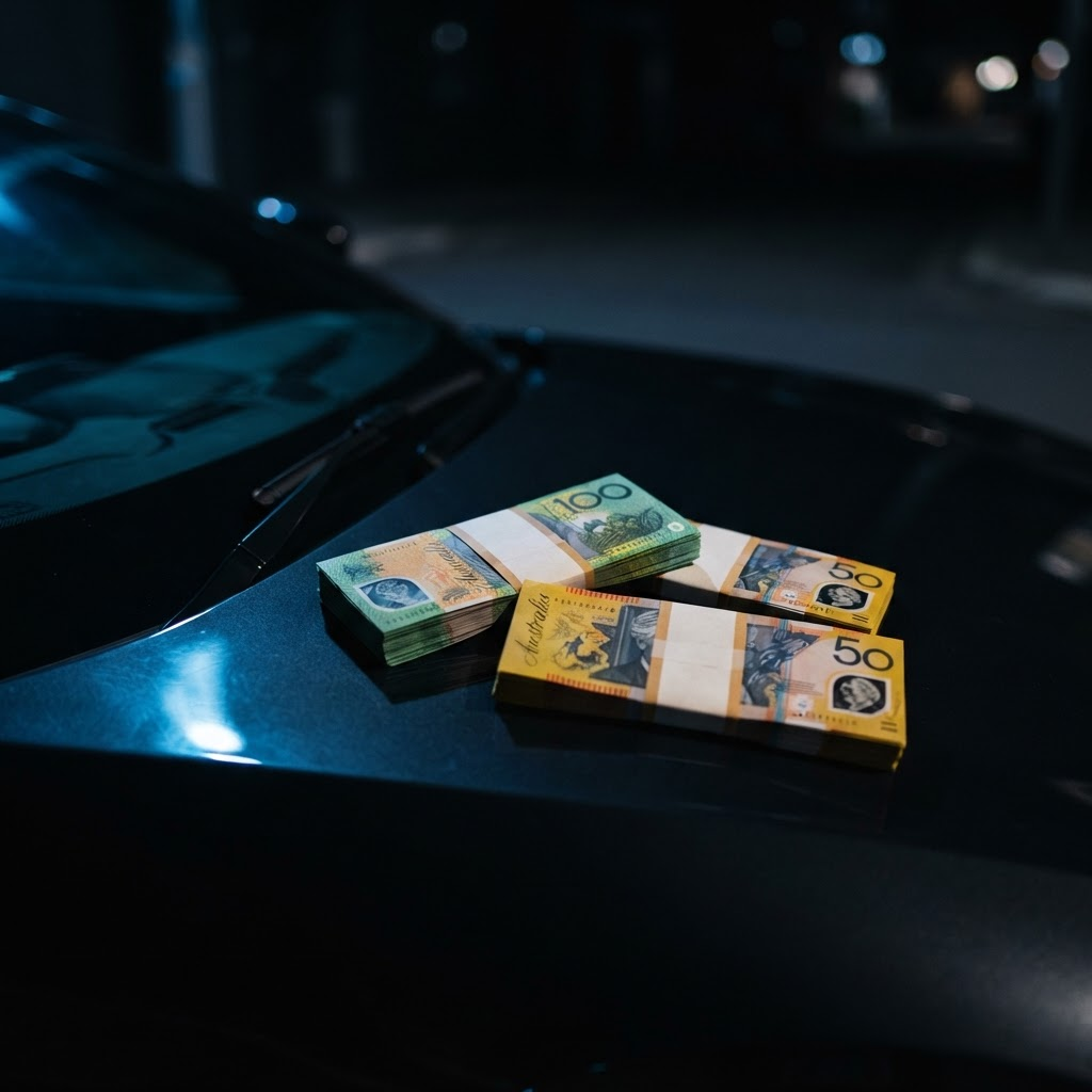 Bundles of Australian cash resting on the bonnet of a dark car