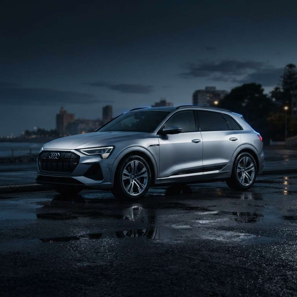 Premium silver SUV on a wet road at dusk